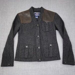 Vintage Polo Sport Ralph Lauren Charcoal Gray Wool Blazer w/Brown Leather Patch